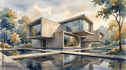 Modern architectural masterpiece concrete house with glass walls beside reflective pool and landscaped garden