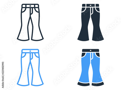 Set of flared pants apparel icons in different design styles