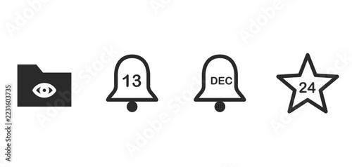 A professional modern pack of solid vector icons featuring folder view, December bell, date bell 13, and star 24.