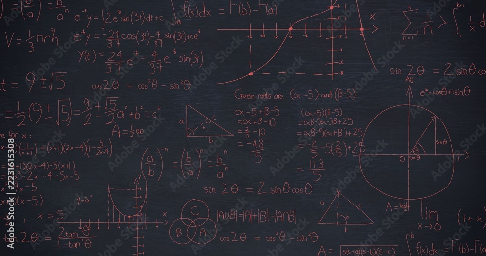 Obraz premium Displaying wall-mounted chalkboard in classroom, showing dense pink chalk math with unit circle
