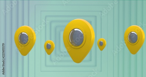 Fotografie Floating yellow location pin centering minimal tunnel 4 small pins flanking scen
