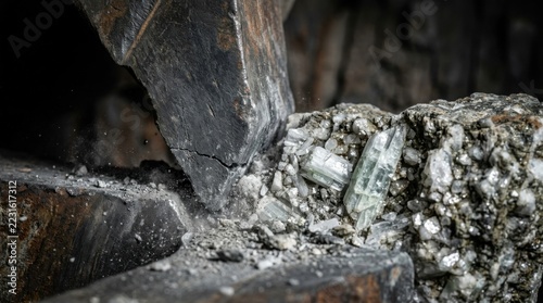 Hydraulic crusher jaw fracturing pegmatite rock to extract lithium spodumene crystals and quartz ore in a mineral processing facility.