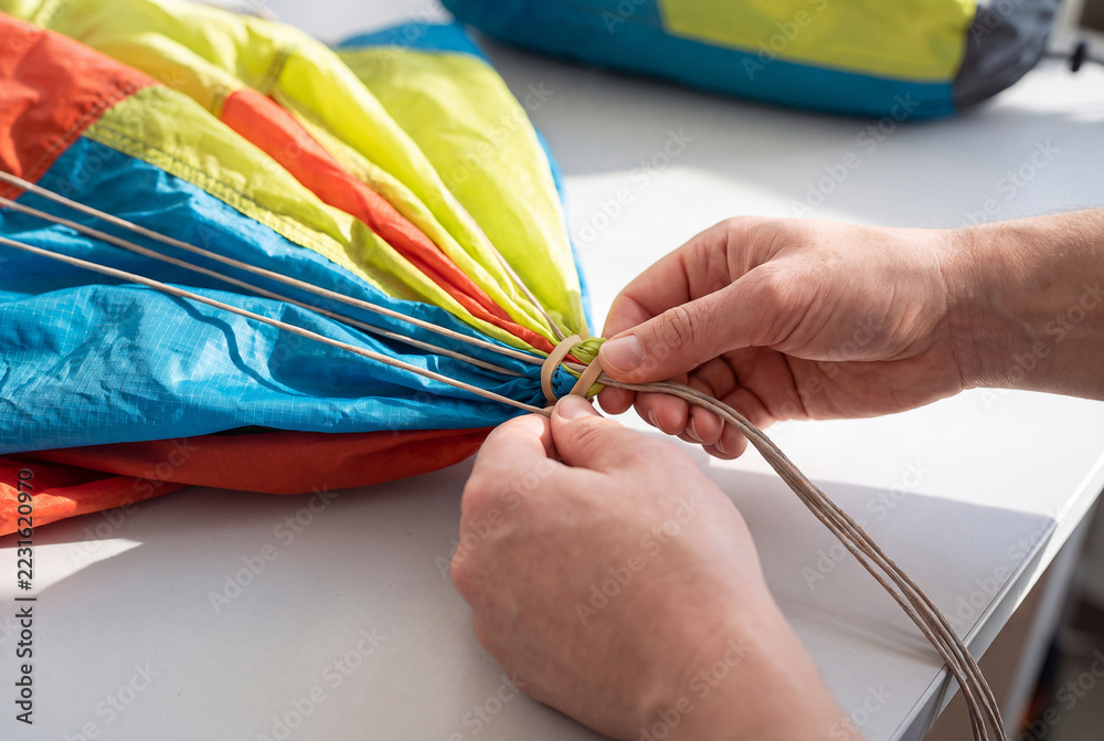 Obraz premium A rigger carefully secures the lines of a colorful parachute canopy with a rubber band during packing.