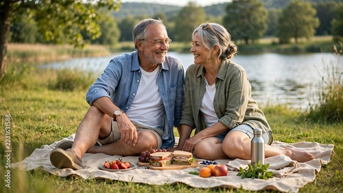 Older couple enjoying a lakeside picnic with sandwiches and fresh fruit in warm sunlight
