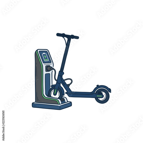 Electric scooter charging at modern station illustration.