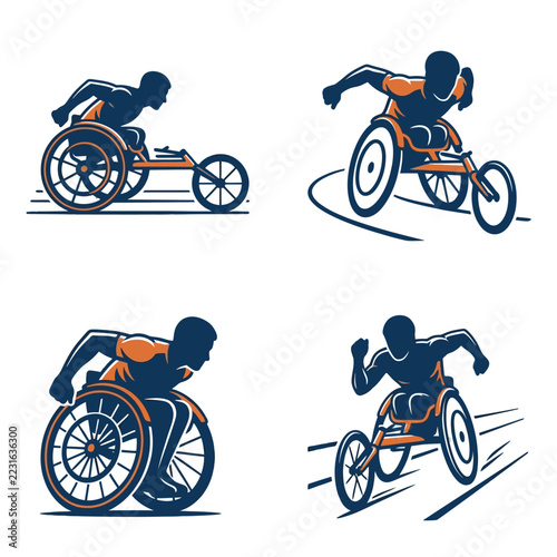 Dynamic wheelchair racing athletes in action illustrations.