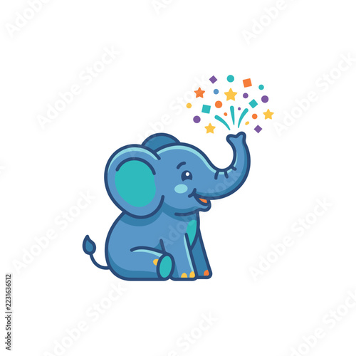 Cute cartoon elephant with colorful fireworks display.