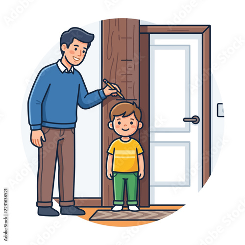 Father and son measuring height on door frame.