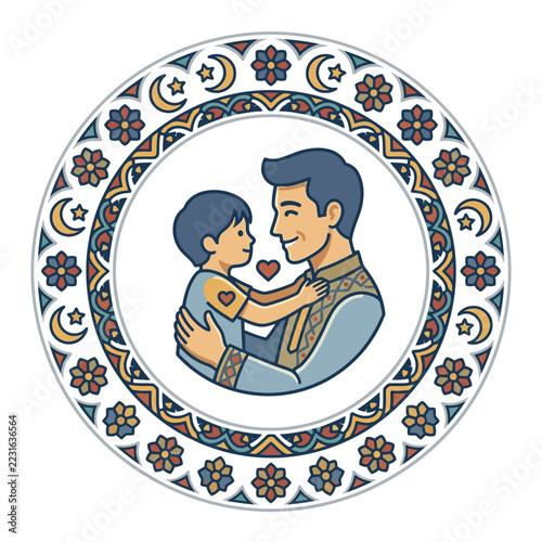 Father and son embracing in decorative circular frame.