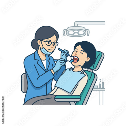Female dentist examining patient in dental clinic chair.