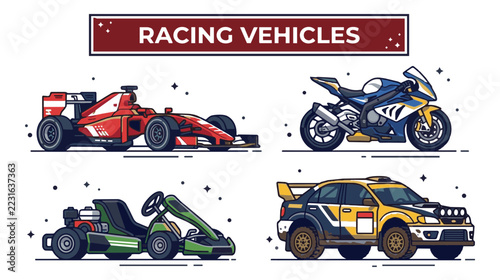 Racing vehicle illustrations featuring formula car motorcycle go-kart and rally car