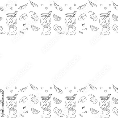 Top and bottom Seamless borders of mulled wine and spices Hand drawn line art Copy space Template. Vector illustration with a blank area between outlined borders for menu text, invitations and cards