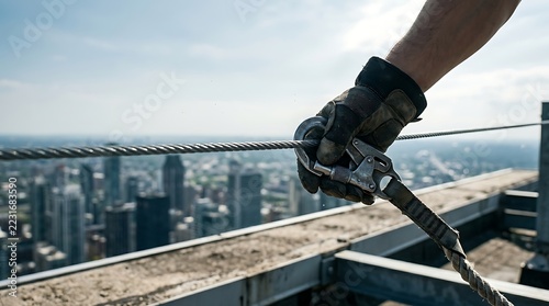 Construction worker holding safety harness on skyscraper roof