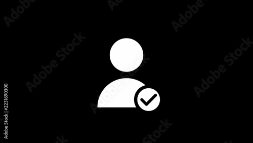White user icon with a check mark symbol on a black background, representing verified account, approved profile, or successful user authentication