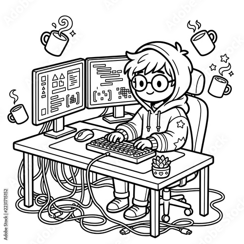 Cute programmer working on computer line art coloring page