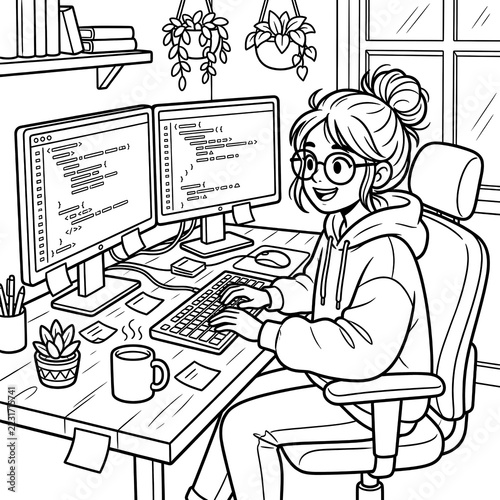 Girl programmer coding at dual monitor desk line art