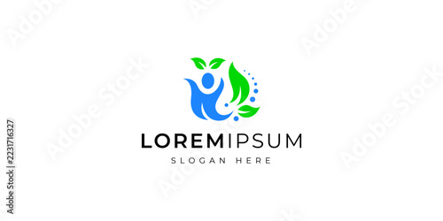 Healthy Life and Nature Care Logo Design. Abstract Human and Leaves Vector
