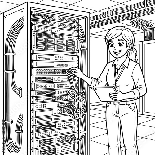 IT technician working in server room coloring page