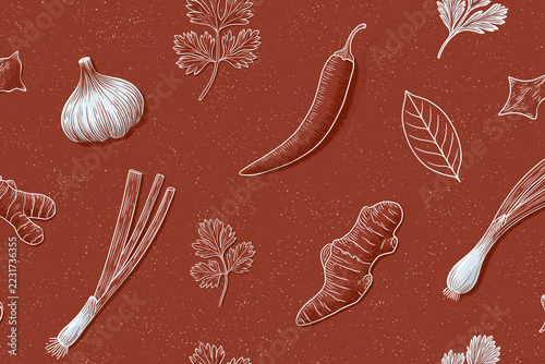 Seamless minimal herbal kitchen pattern with garlic chili and herb illustration in white on terracotta background, creating rustic culinary design