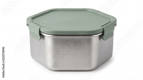 Stainless steel lunch box with green plastic lid, reusable food storage container isolated on white background, eco friendly meal prep box