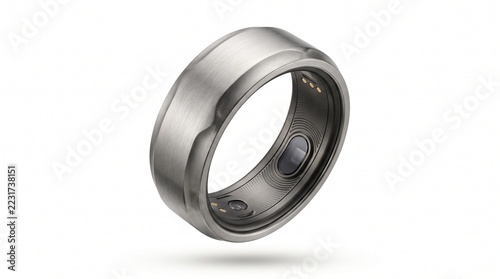 Titanium smart ring for health tracking, modern fitness wearable device studio shot, silver metallic health ring isolated on white background