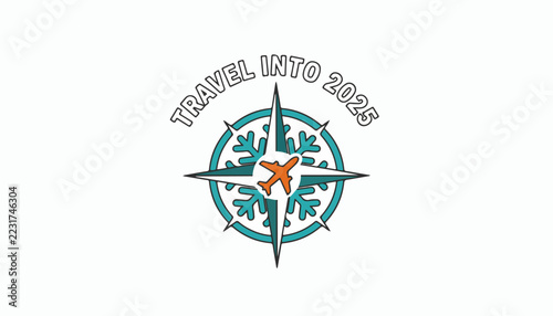 Travel Into 2025 graphic design with compass and airplane symbol.