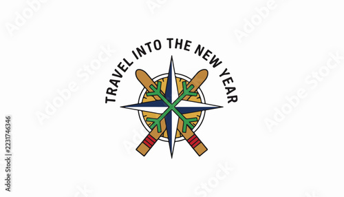 Travel Into The New Year typographic emblem with vintage compass and crossed skis.