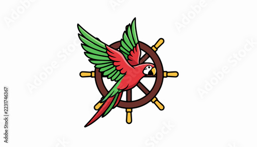 Vibrant illustration of a parrot flying in front of a classic wooden ships steering wheel.