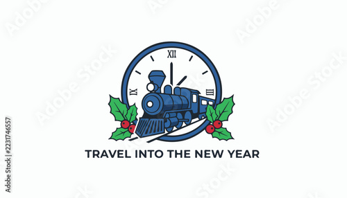 Vintage locomotive train illustration with clock face and holly for new year celebration.