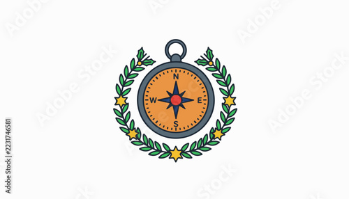 Vintage nautical compass emblem with laurel wreath decoration.