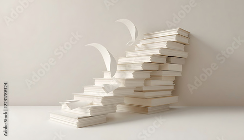 Whimsical staircase made of stacked white paper sheets with floating pages rising upward against a plain neutral wall background in a minimalist studio setting for creative business growth concepts