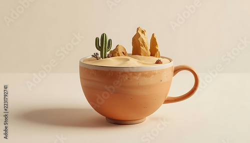Ceramic cup filled with desert sand landscape featuring a small green cactus and jagged rock formations creating a surreal miniature environment on a clean light beige studio background