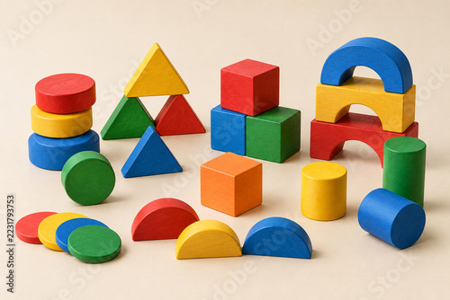 Colorful handmade educational sorting shapes made from matte wood, including circles, triangles, cubes, arches and cylinders