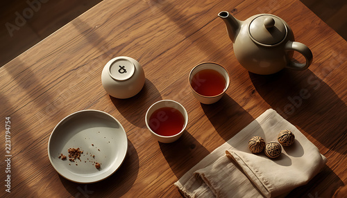 Ceramic teapot and two tea cups with dark liquid on wooden table with small plate and linen cloth in warm natural sunlight for peaceful morning beverage break time