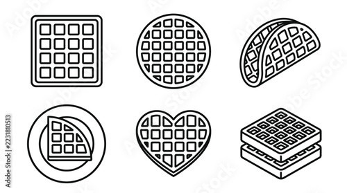 Set of sweet waffle line icons including heart round and square shapes