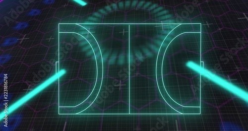 Projecting holographic court on purple hex lattice, end arcs, midline, scan ring, cyan beams