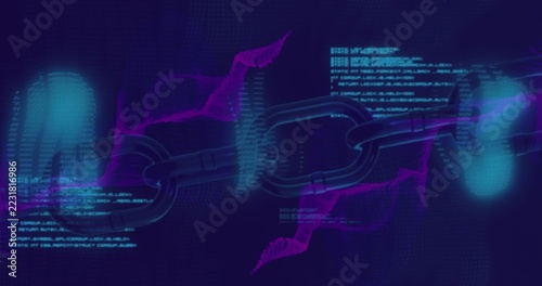 Glowing metallic chain links stretching across cyber space, showing cyan code, magenta smoke