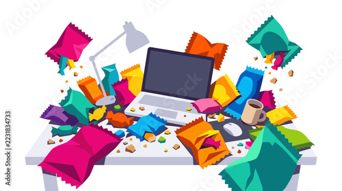 Messy desk with laptop, lamp, coffee mug, and numerous colorful snack bags and crumbs scattered around.