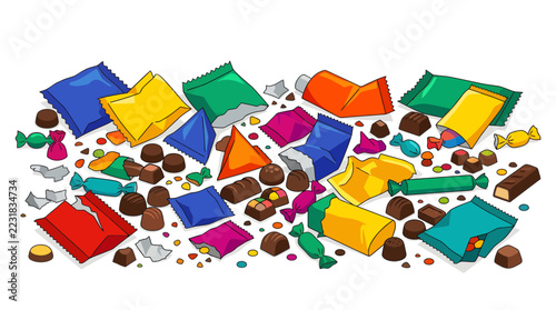 A vibrant assortment of colorful candy wrappers, chocolates, and small candies scattered on a white background.