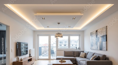 Contemporary Single-Layer False Ceiling Design – Elegant and Minimalist Interior Featuring a Smooth Gypsum Ceiling Finish, Clean Architectural Lines, Subtle Recessed Lighting, Refined Decorative Detai