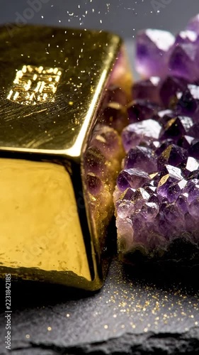 amethyst crystal and gold ingot with sparkling dust in warm light, macro close-up slow motion with drifting particles