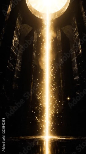 Light beam surrounded by glowing particles rises vertically in a dark chamber, creating a mysterious mood
