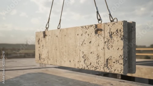 Concrete slab being lifted by crane at construction site in daylight, close-up, industrial mood