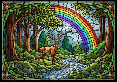 Stained glass style artwork of stag by forest stream under colorful rainbow in wilderness