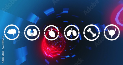 Digital icons representing human organs connected in futuristic technology concept