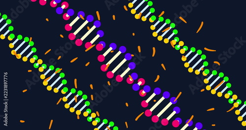 Colorful DNA strands intertwining with abstract shapes on dark background