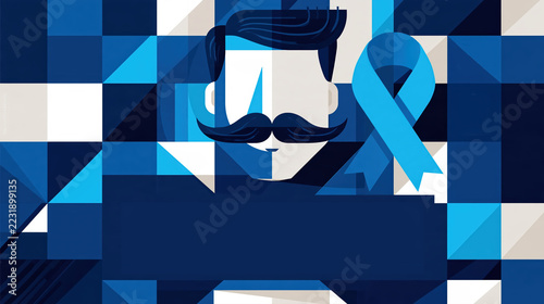 Illustration géométrique pour movember avec visage moustachu et ruban bleu santé masculine