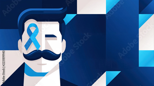 Illustration de Movember avec visage masculin moustachu et ruban bleu de sensibilisation