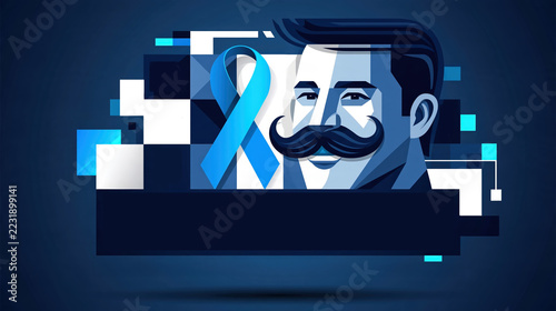 illustration de movember avec visage moustachu et ruban bleu pour la santé masculine