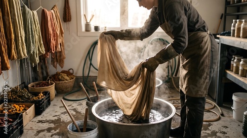 Artisan dipping fabric into a natural dye vat